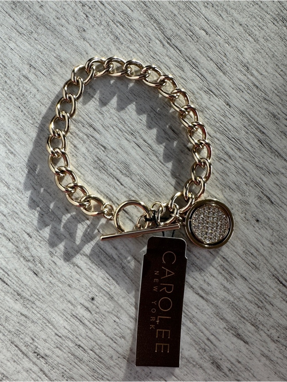 Carolee NY Pave’ Crystal Gold Tone Disc Toggle Chain Bracelet Live, Laugh, Love